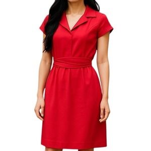 T‎ Tahari Red & Coral Dress Belt Ruffled Collar V Neckline Size 6